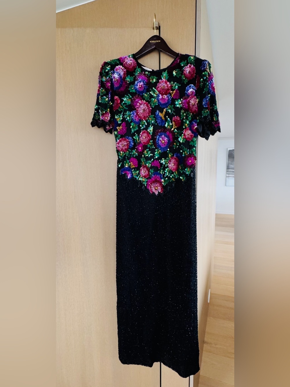 Vintage Laurence Kazar Black Sequin Evening Dress Multicolor Floral Embroidery